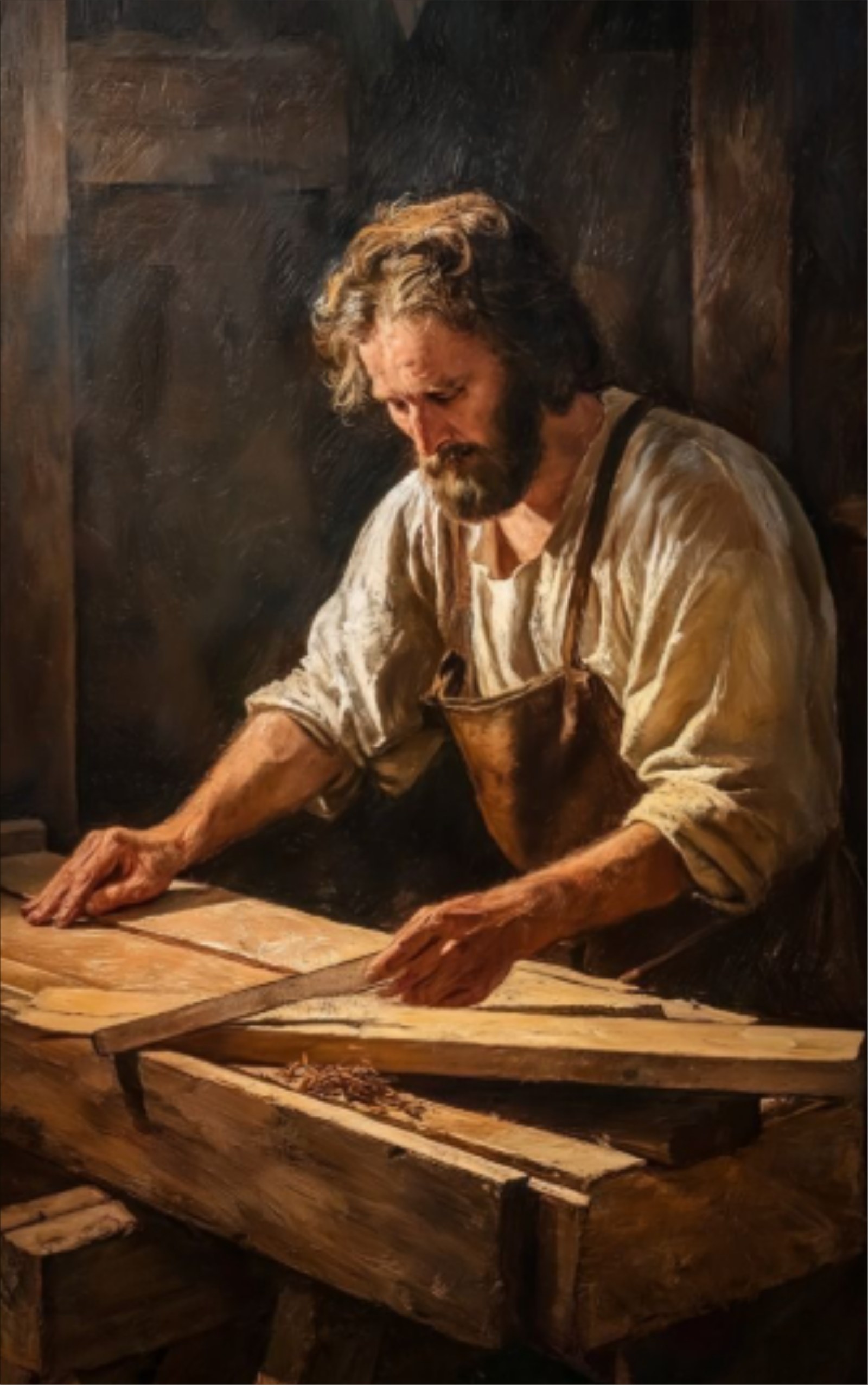 Lámina devocional: San José carpintero trabajando la madera en su taller